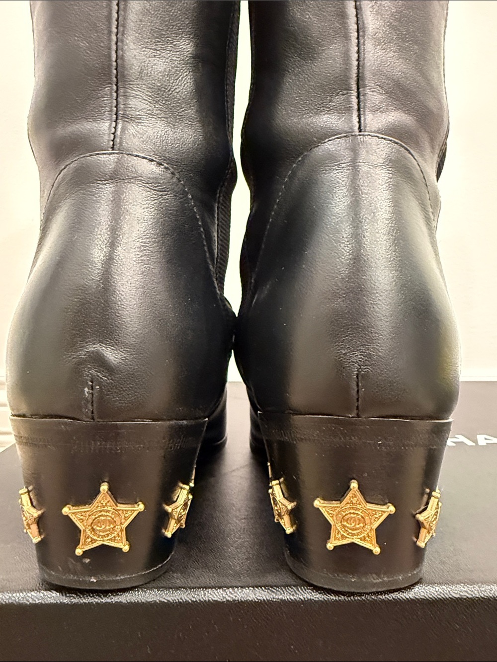 Chanel Runway Black Leather Knee High Boots Gold CC Cap Toe Western Hardware 37 - Picture 5 of 13
